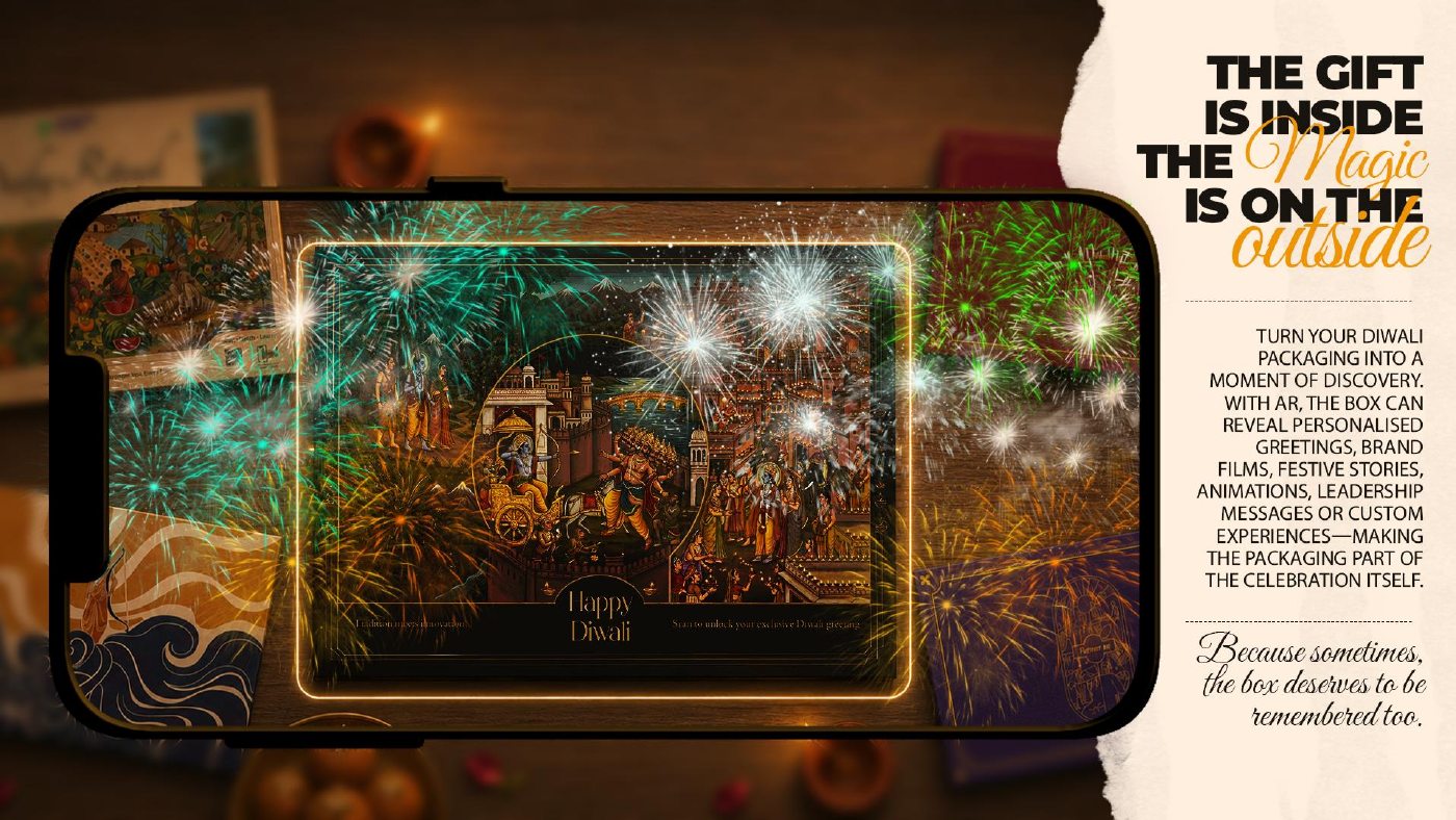 A Diwali gift box comes alive through augmented reality on a phone