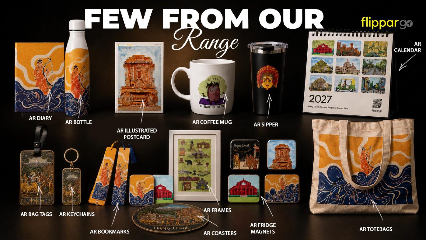 FlippAR AR merchandise range including tote bags, calendars, mugs, postcards and keychains